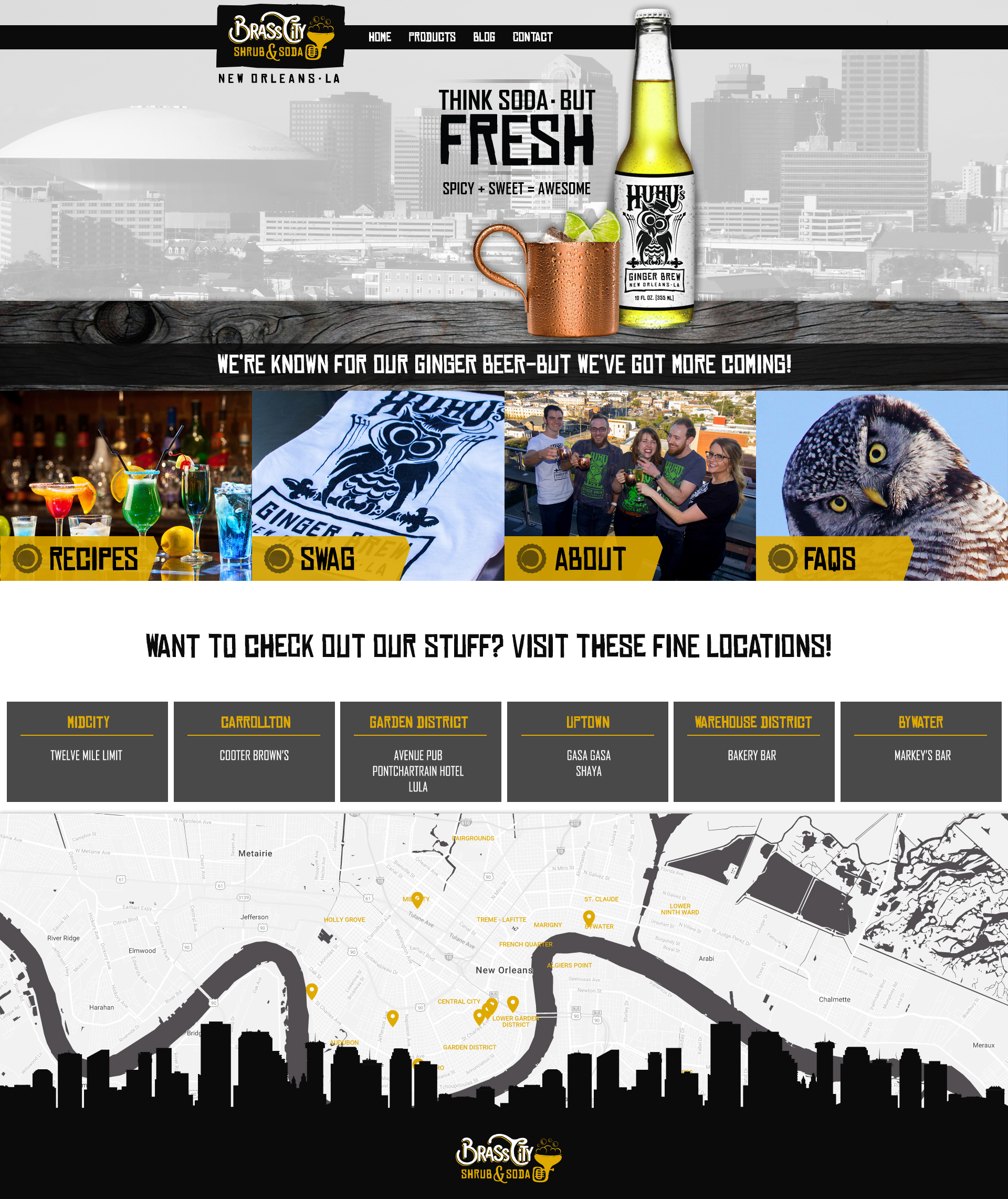 A ginger beer web design screenshot for a company in New Orleans LA