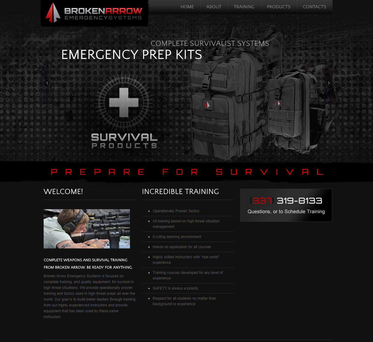 A tactical training web design screenshot for a company in Lafayette LA