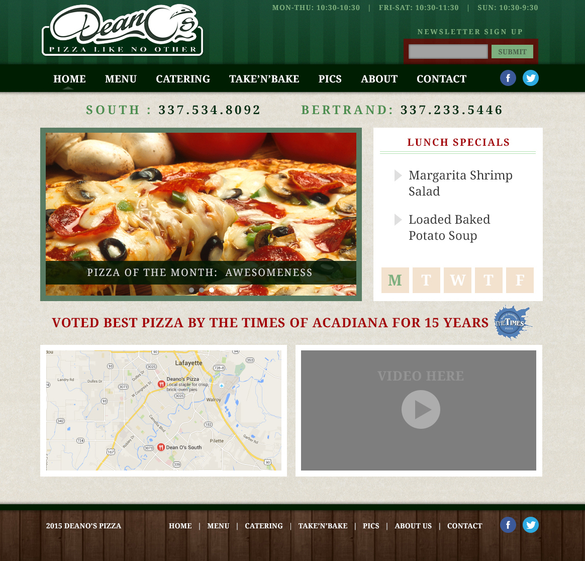 A pizza restaurant web design screenshot for a company in Lafayette LA