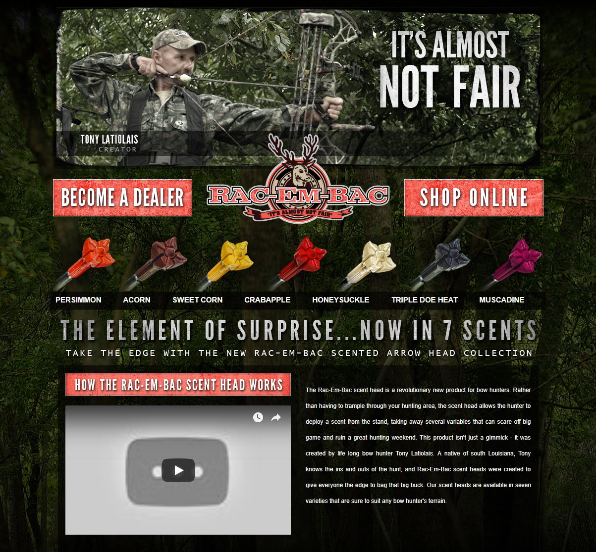 A hunting product web design screenshot for a company in Lafayette LA