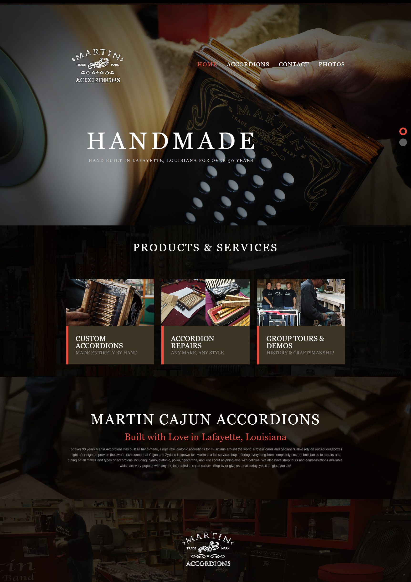 An accordions web design screenshot for a company in Lafayette LA