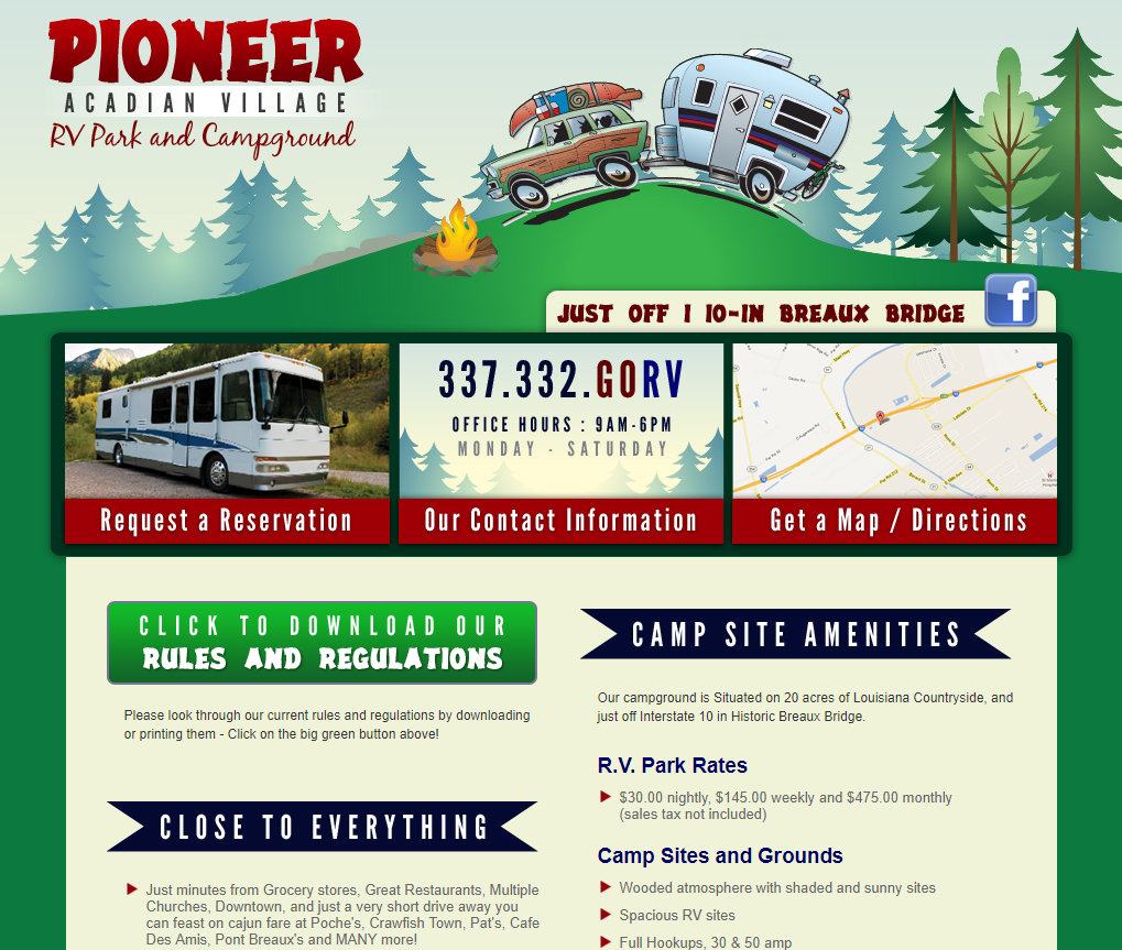 A campground rv park web design screenshot for a company in Lafayette LA