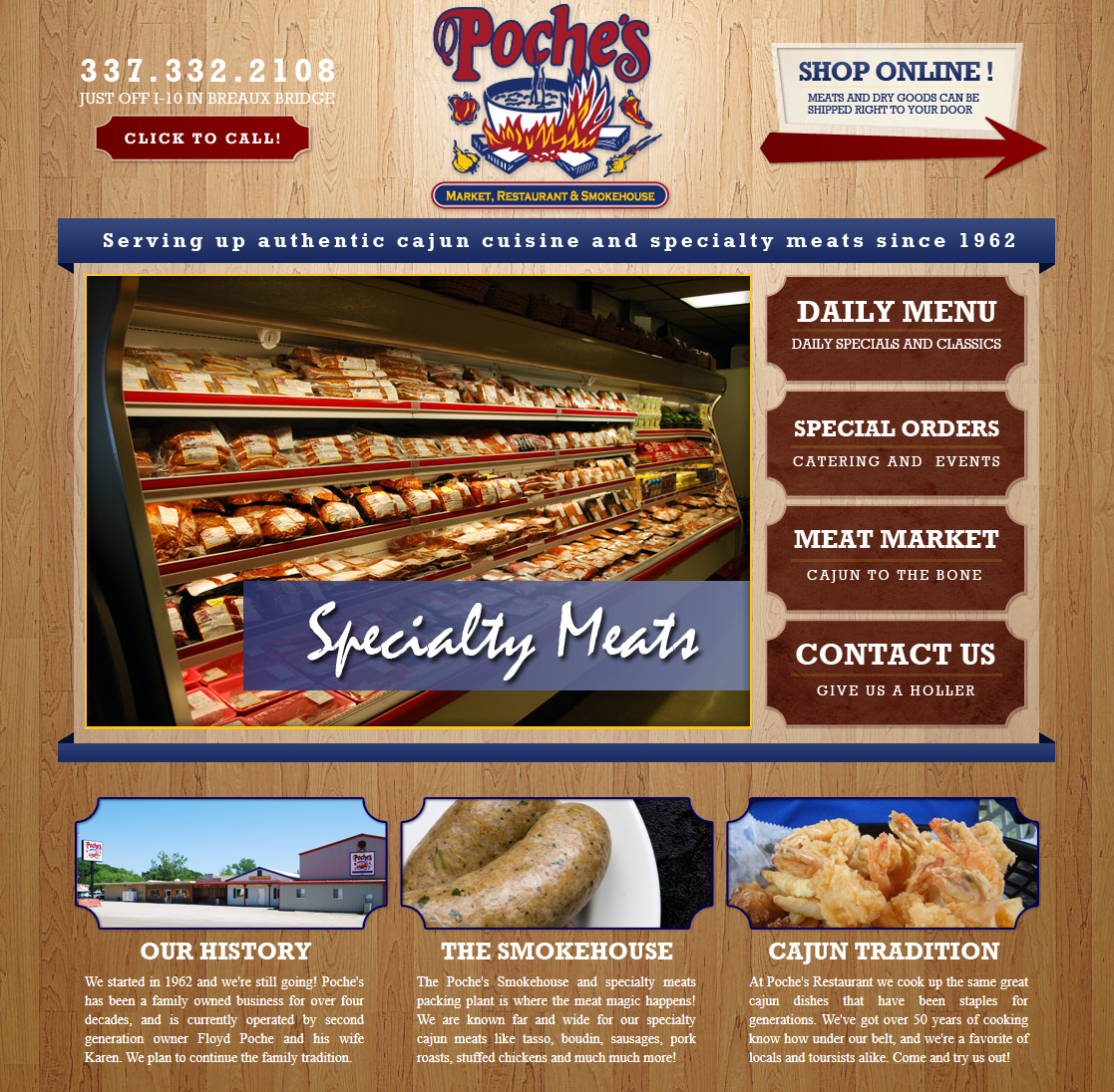 Poches restaurant web design screenshot for a company in Lafayette LA