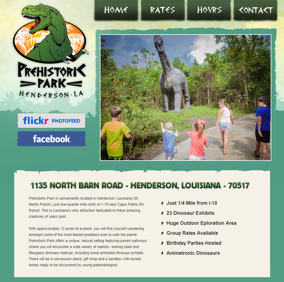 A dinosaur park web design screenshot for a company in Lafayette LA