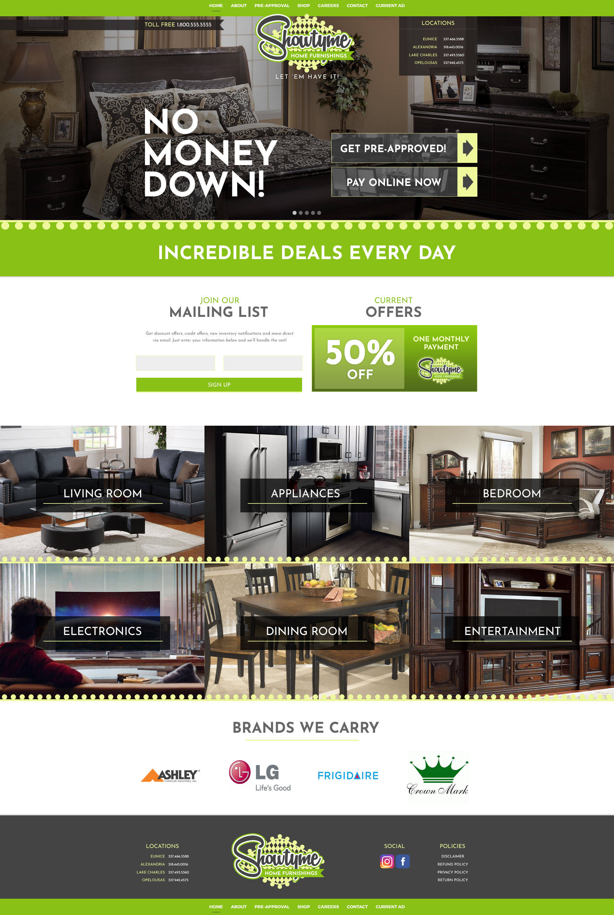 A furniture store web design screenshot for a company in Lafayette LA